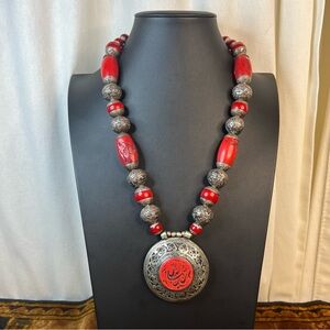Vintage Afghani Red Branch Coral & Silver Tone Ethnic Necklace & Earrings Set